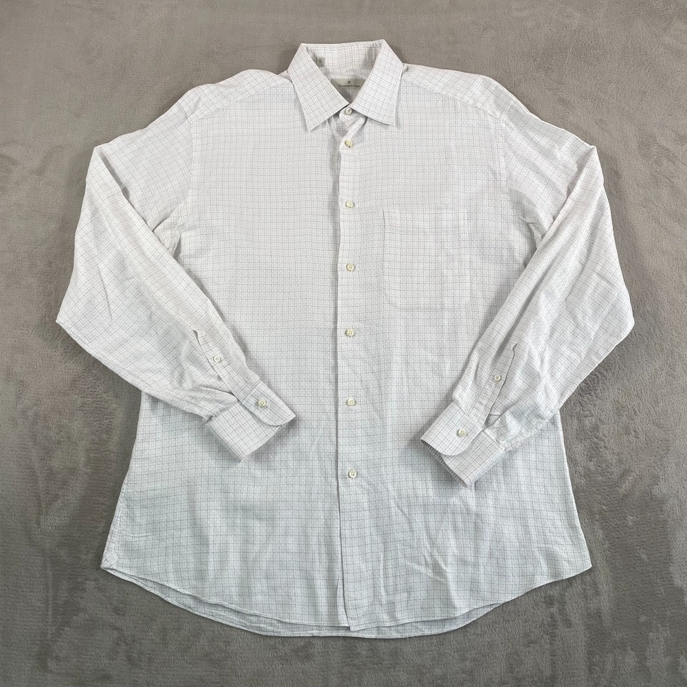Ermenegildo Zegna Shirt Men Large White Brown Blue Check Long Sleeve Designer